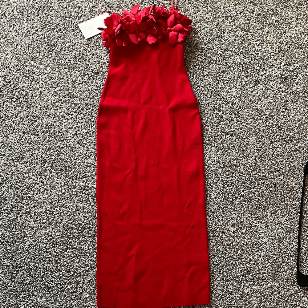 Red Strapless Floral Bandeau Midi Dress